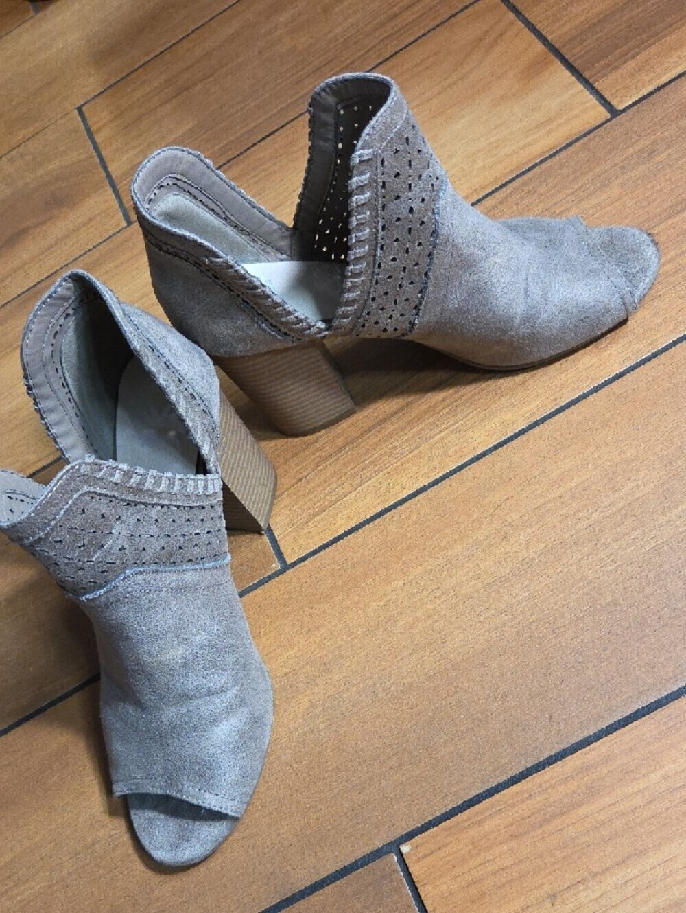 Fergalicious Taupe Suede Perforated Cutout Block Heel Mules - Picture 4 of 7